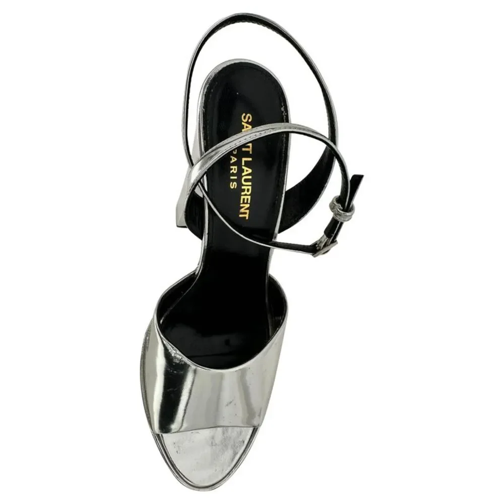 Saint Laurent Jodie Platform Sandals in Metallic Silver Patent Leather